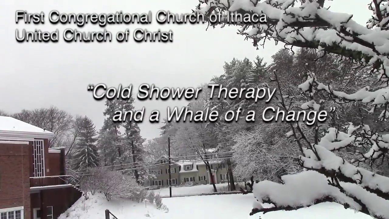 An image of the church grounds on a snowy day, with the words "Cold Shower Therapy and a Whale of a Change" superimposed