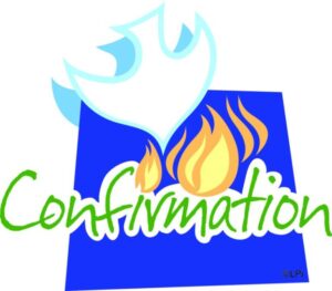 A white dove descending toward a flame and the word "Confirmation"