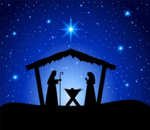 Nativity scene on a blue background with stars